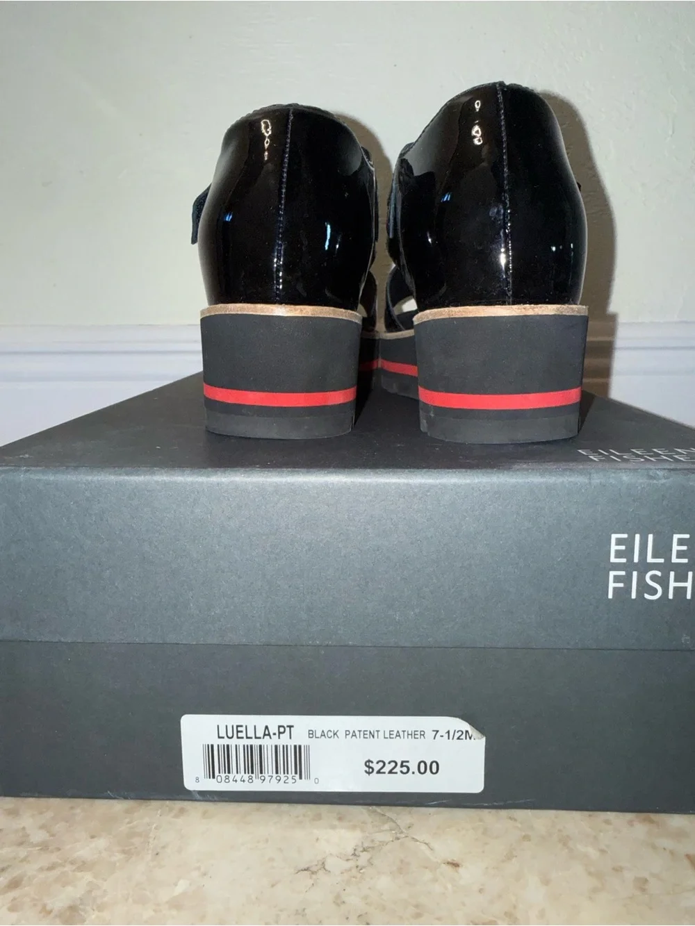 Eileen Fisher Black Patent Platform Sandals with Red Accent